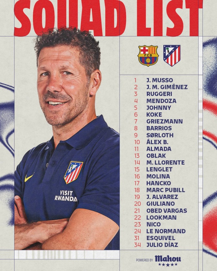 马竞客战巴萨名单：阿尔瓦雷斯、格列兹曼、卢克曼、阿尔马达在列